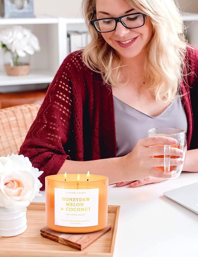 Honeydew Melon Coconut 3-Wick Soy Candle, 15.8 oz | Large Melon Coconut Fruity Scented Candle for Home | Highly Scented Aromatherapy Candle for Relaxation & Stress Relief | Gift for Women & Men