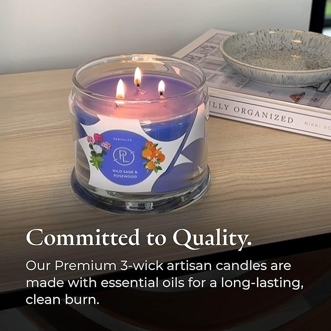 PartyLite Wild Sage & Rosewood Scented, Notes of Sage Leaf, Rosewood, Geranium Petals and Lemongrass, 13.2oz 3-Wick Jar Candle, 45 Hour Burn Time, Luxurious Fragrance, Ideal for Gifting