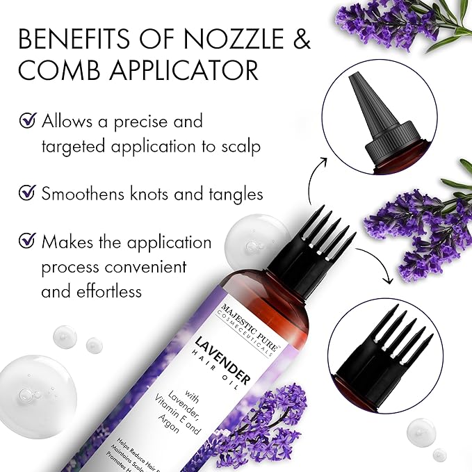 Majestic Pure 100% Pure Lavender Oil with Vitamin E for Hair Care, Strengthening, Nourishing, and Volumizing Formula with Vitamin E & Argan Oil - Non GMO Verified, 6.7 Fl Oz