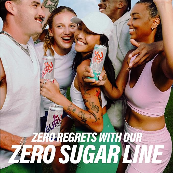 GURU ZERO SUGAR Wild Strawberry Watermelon Organic Energy Drinks, Clean Energy Drink with Plant Based Natural Caffeine from Green Tea, Coconut Water, Prebiotic, Zero Added sugars, Gluten Free and Vegan, Pre Workout, Healthy Drinks, 12oz (Pack of 24)