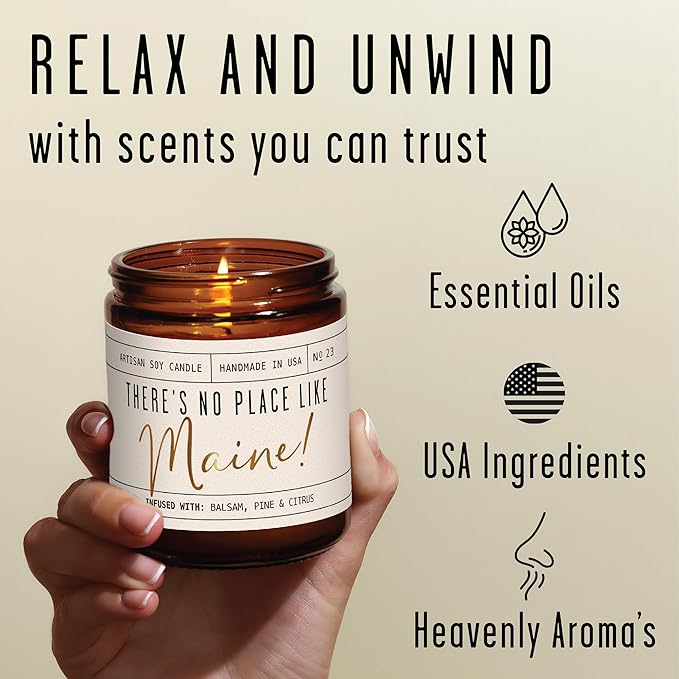 Maine Gifts, Maine Decor for Home - 'There's No Place Like Maine Candle, w/Balsam, Pine & Citrus I Maine Souvenirs I Maine State Gifts I 9oz Jar, 50Hr Burn, USA Made