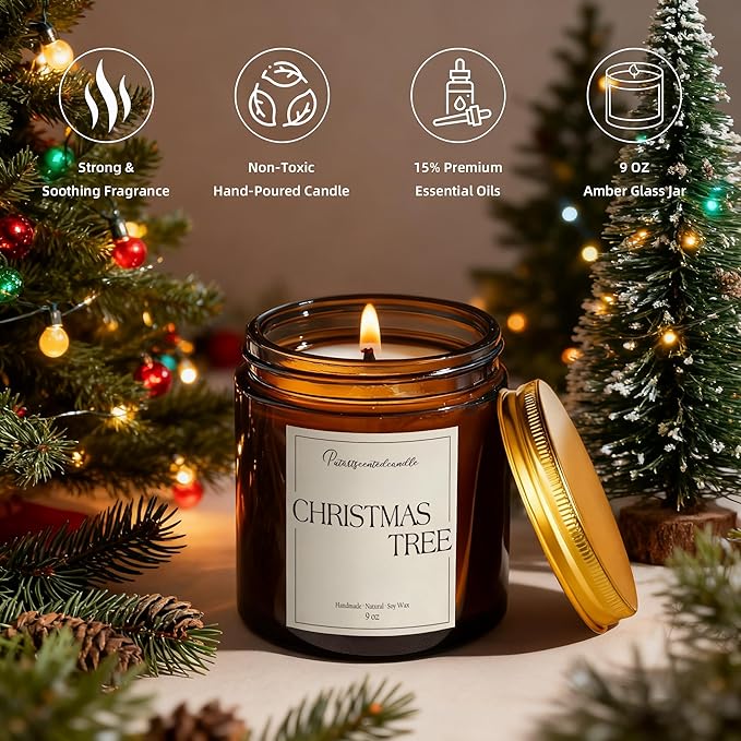 Christmas Tree Scented Candles for Home, Natural Soy Wax Aromatherapy Christmas Candle Gifts for Men & Women, Highly Scented & Long Lasting Non Toxic Jar Candle for Stress Relief (9oz)
