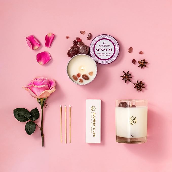 Luxury Candle Tin, 6 OZ, Sensual - Strawberry Quartz Crystal Infused - Scents of Star Anise, Rose, Sichuan Pepper & White Musk - Coconut Wax, Essential Oils, Dr. Developed