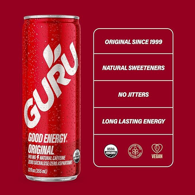 GURU Original Organic Energy Drinks, Clean Energy Drink with Plant Based Natural Caffeine from Green Tea, Gluten Free and Vegan, 140MG Caffeine, Healthy Drinks, 12oz (Pack of 12)