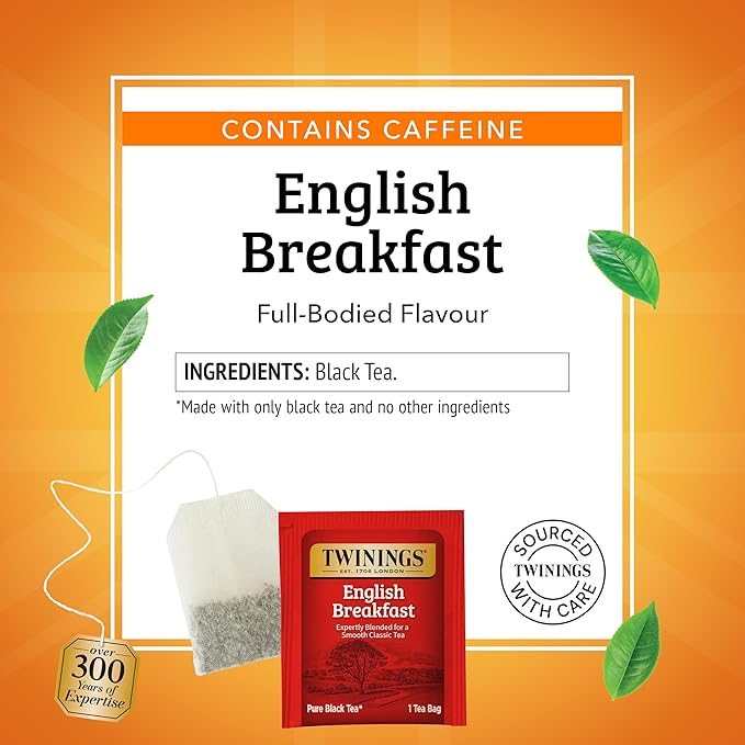 Twinings English Breakfast Black Tea Individually Wrapped Bags, 20 Count (Pack of 6), Flavourful, Robust, Caffeinated, Enjoy Hot or Iced, 120 Teabags