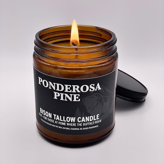 Big Crazy Buffalo Pure Bison Tallow Scented Candle, Ponderosa Pine, 8 oz - Scents of Pine, Cypress, & Cedar - Pure, Low Smoke, Beeswax, Traditional Tallow Candle, Glass Jar