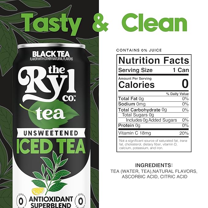 Ryl Iced Tea, Unsweetened Black Tea, Antioxidant Superblend, Zero Sugar, Zero Carb, Zero Calorie Iced Tea, 16.0 Fl Oz (12-Pack)