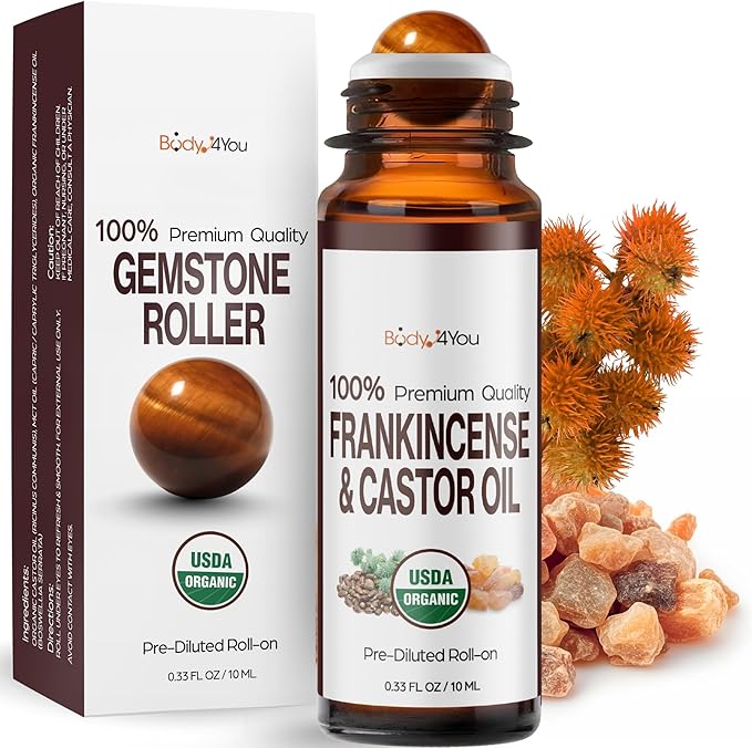 BodyJ4You Frankincense Essential Oil Roll On - Pure 100% USDA Organic Castor Oil + MCT Coconut Oil - Natural Tigerite Stone Roller - Skin Care Calm Breathwork - Amber Glass Bottle Rollerball (10ml)