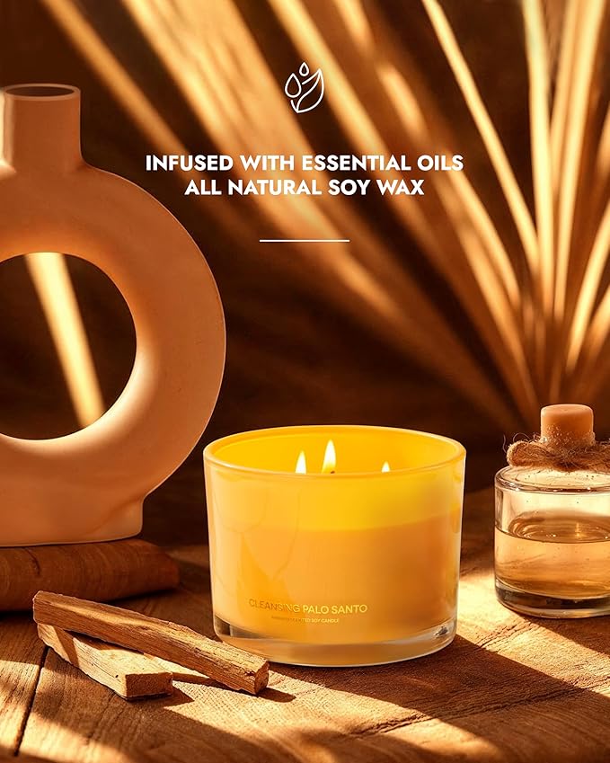 96NORTH Luxury Palo Santo Candle | Large 3 Wick Jar Candle | Up to 50 Hours Burning Time | 100% Natural Soy Wax | Relaxing Aromatherapy Aesthetic Candles | Housewarming Gift for Men and Women