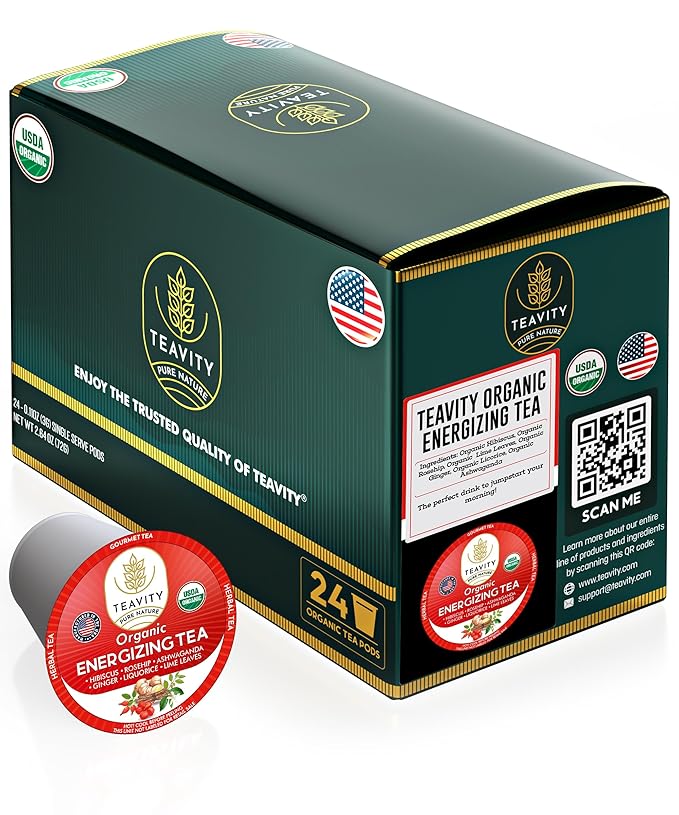 Organic Ashwagandha Tea Pods for Keurig with Ginger, Licorice, Organic Hibiscus Sabdariffa, Rosehip, & Lime - Decaf Herbal Tea - Energizing Tea by Teavity (24 Tea Pods)