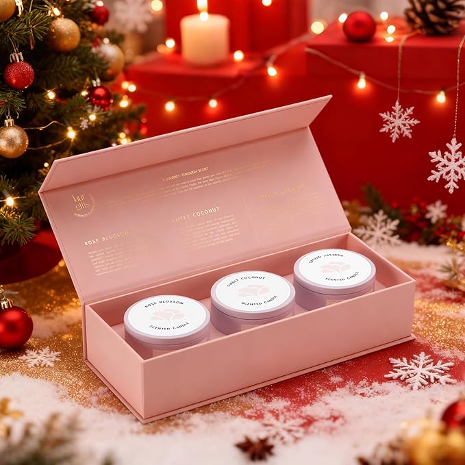 Candle Gift Set for Women – 3 Scented Soy Candles in Pink Gift Box – Orchid & Jasmine, Sweet Coconut, Rose Blossom – Birthday Gifts for Women, Christmas Gifts, Housewarming, Aromatherapy Candles