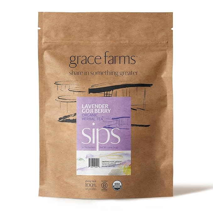 Grace Farms LAVENDER GOJI BERRY Herbal Teas (50 Sachet Pouch) | Naturally Sweet, Stress Relieving and Caffeine Free | Organic and Kosher Certified | Gives Back 100% of Profits