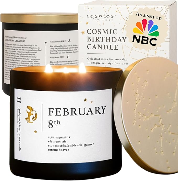 February 8th Personalized Zodiac Candle | Inspirational Astrology Reading and Daily Affirmation for Your Birthdate | Handmade Aquarius Candles | Astrology Birthday Gifts for Women