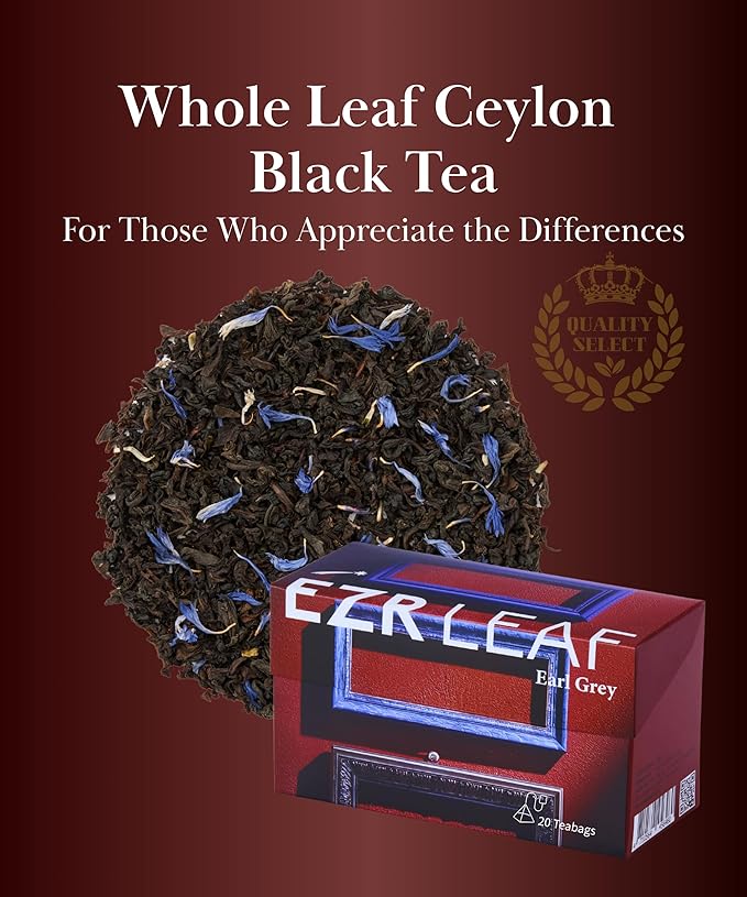 ERZ Leaf Earl Grey Ceylon Black Tea Premium Whole Leaf with Bergamot & Cornflower Blend, 20 Pyramid Tea Bags 2.1 Once, Gift Box Ready, Elegant Aroma, Smooth Flavor