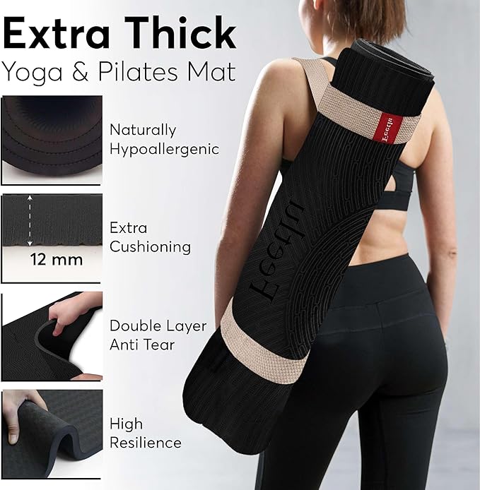 Feetlu Extra Thick 12mm Exercise Mat – Non-Slip, Joint-Friendly & Cushioned Fitness Mat for Yoga, Pilates & Floor Workouts – Durable, Supportive & Includes Feetlu Classic Strap