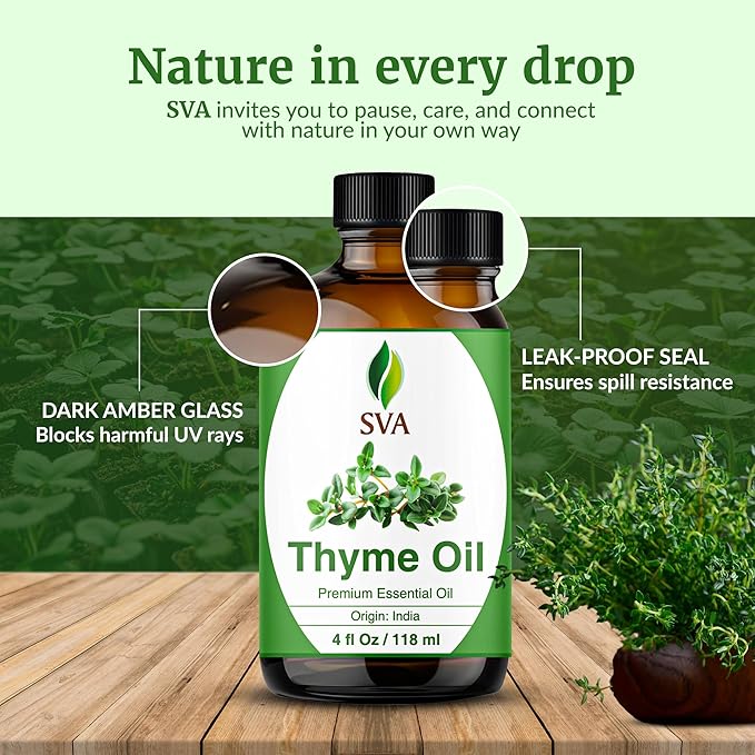 SVA Thyme Essential Oil – 4 Fl Oz – 100% Natural Thyme Oil - for Diffuser, Hair Care, Face, Skin Care, Aromatherapy, Scalp and Body Massage, Soap and Candle Making – with Dropper