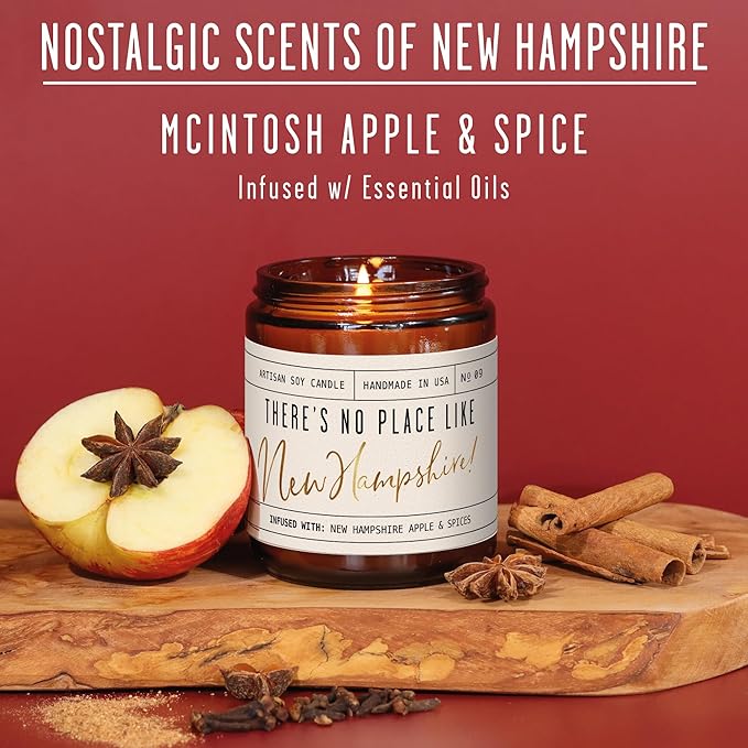 New Hampshire Gifts, New Hampshire Decor for Home - 'There's No Place Like New Hampshire Candle, w/McIntosh Apple & Spice I New Hampshire Souvenirs State Gifts I 9oz Jar, 50Hr Burn, USA Made