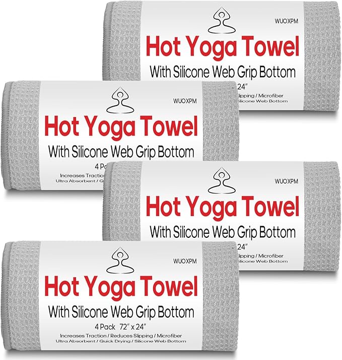 WUOXPM 4 Pack Hot Yoga Towel with Grip Dot, Stickyfiber Non-Slip Yoga Mat Towel, Microfiber Absorbent Microfiber for Hot Yoga, Bikram, ilates, Exercise, Fitness