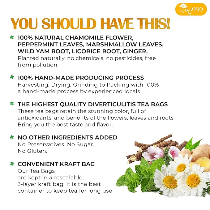 TOG999, Diverticulitis Tea Bags | 80 Count | 100% Natural Chamomile, Peppermint, Marshmallow Leaf, Wild Yam Root, Licorice & Ginger Herbal Blend – Caffeine-Free Comfort Tea, Vegan.