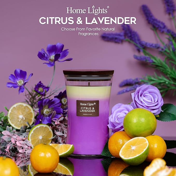 HomeLights 3-Layer Candles for Home Scented, 21.52 OZ Natural Soy Wax Scented Candles Burns Up to 100 Hours, Large Jar, Citrus & Lavender