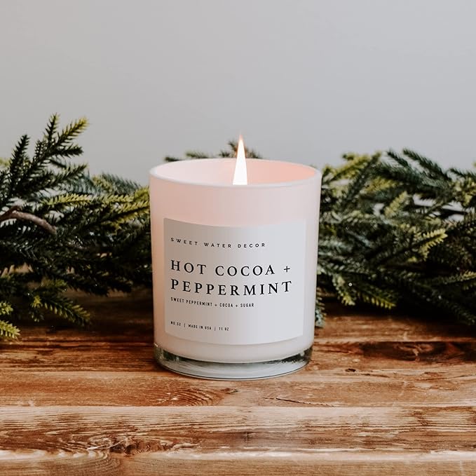 Sweet Water Decor Hot Cocoa + Peppermint Soy Candle | Chocolate, Peppermint, and Vanilla Holiday Scented Candles for Home | 11oz White Jar + Wood Lid, 50+ Hour Burn Time, Made in The USA