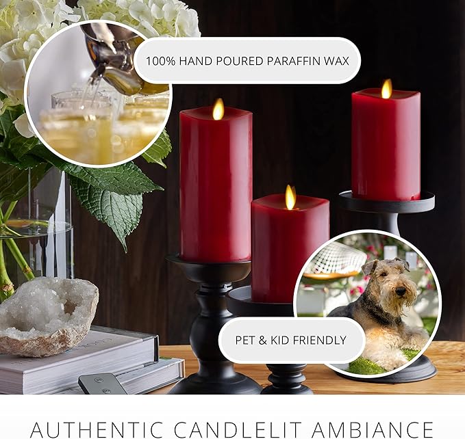 Luminara Flameless Flickering Melted Edge Set of 3 Candles, Battery Operated & Timer Function, Remote Included, Unscented Paraffin Burgundy Wax LED Light Pillar, Christmas Holiday Décor