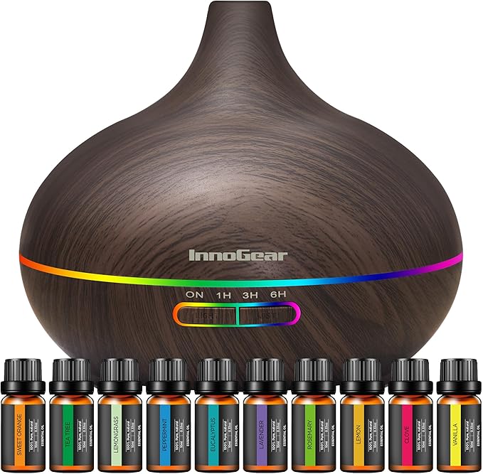 InnoGear Aromatherapy Diffuser & 10 Essential Oils Set, 400ml Diffuser Ultrasonic Diffuser Cool Mist Humidifier with 4 Timers 7 Colors Light Waterless Auto Off for Valentine's Gift, Dark Wood Grain
