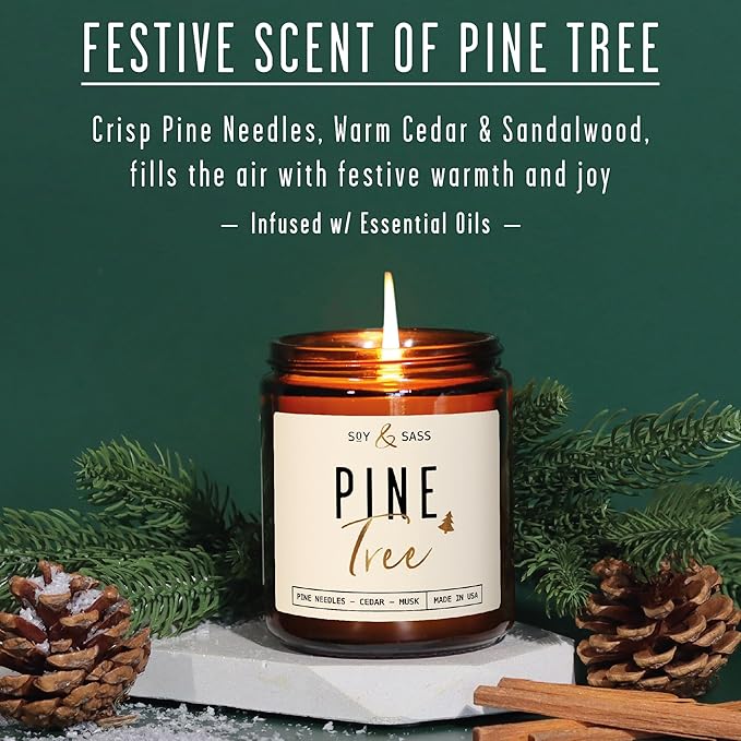 Pine Candle, Pine Scented Candles, Christmas Candles Scented - 'Pine Tree' Soy Candle, w/Fir Needles, Warm Cedar & Sandalwood - Infused with Essential Oils I 9oz, 50 Hour Burn, Handmade in USA
