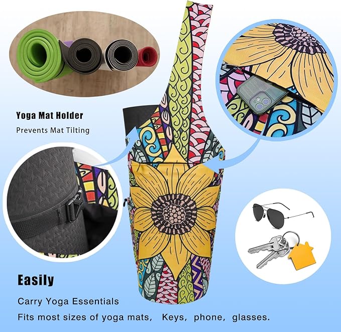 Yoga Mat Bag - Large Opening Long Tote Yoga Mat Carrier Holder Bag with Waterproof Wet Zipper Pocket and Drawstring Water Bottle Pocket - Yoga Bag Fit Most Size Mats