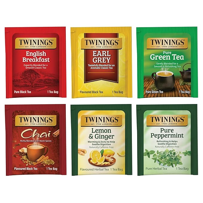 Twinings Variety Pack Tea Bags, 25 Count (Pack of 6) Includes English Breakfast, Earl Grey, Lemon Ginger, Peppermint, Green, and Chai, Enjoy Hot or Iced, 150 Teabags