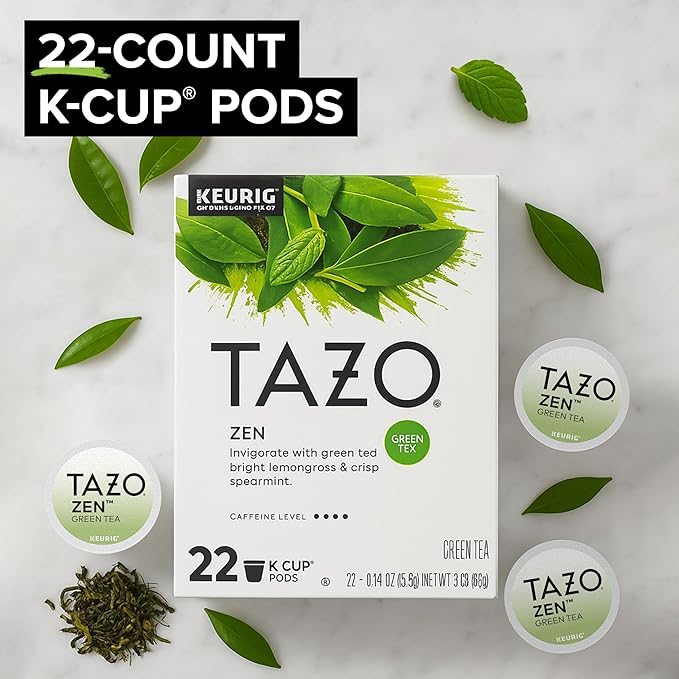 TAZO Organic Zen Green Tea K-Cups, Caffeine Free Tea with Refreshing Lemongrass & Spearmint, 22 Pods
