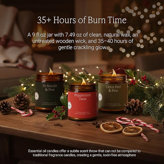 Fontana Candle Co Wood Wick Beeswax Jar Candles, 3-Jar Holiday Scent Bundle - Made with Coconut Oil & Pure Essential Oils – Clean Burn, Long Lasting and Non-Toxic Candles for Home & Room Decor