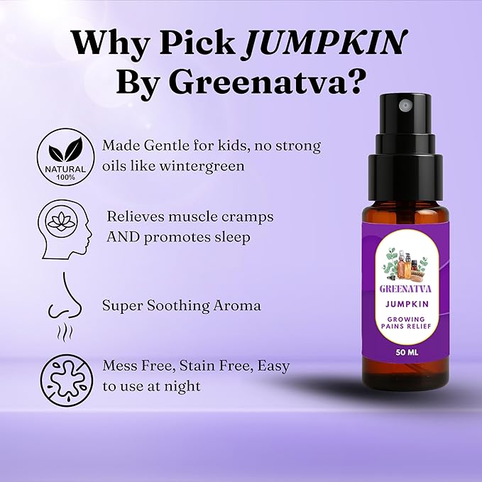 Jumpkin by Greenatva - Growing Pain Relief for Kids 50 ml (1.69 fl oz) - 100% Pure, Sleep & Massage Oil for Kids, Blend of Marjoram, Lavender, Black Pepper & Chamomile for (1-10 Ages)