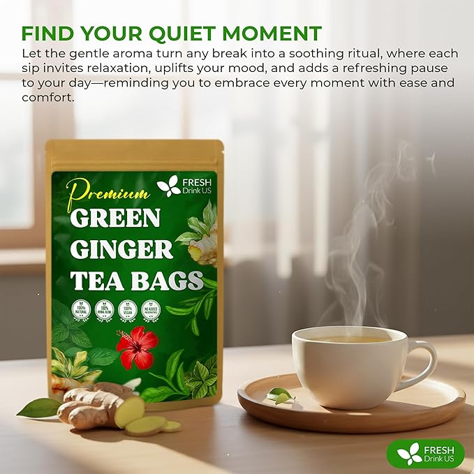 FreshDrinkUS, Premium Green Ginger Tea | 135 Tea Bags | Sencha Green Tea with Ginger, Lemongrass, Turmeric, Hibiscus & Peppermint | Natural Herbal Blend | Comfort & Refreshing, Vegan