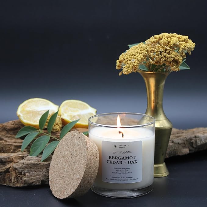 PERIPETI Home Bergamot, Cedar + Oak Scented Candle, Classic Wick – 8.5oz Natural Soy Wax for Energizing Aromatherapy, Long-Lasting Burn