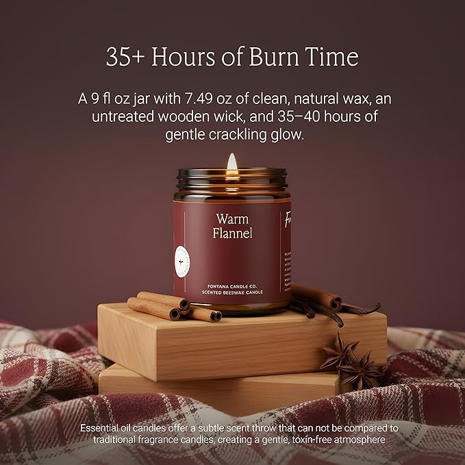 Fontana Candle Co Wood Wick Beeswax Jar Candle, Warm Flannel – Made Safe with Coconut Oil & Pure Essential Oils – 35+ Hrs Clean Burn, Long Lasting and Non-Toxic Candles for Home & Room Decor