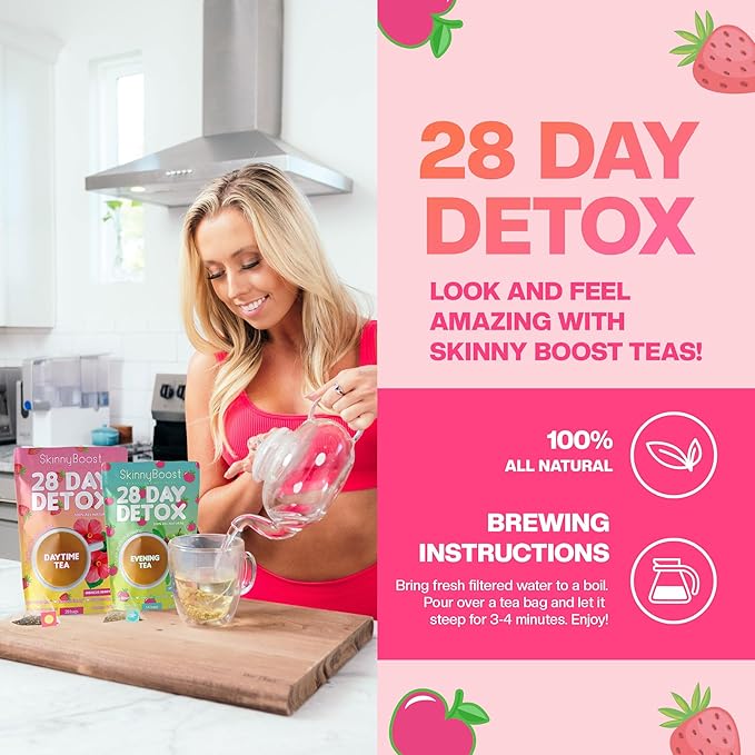 Skinny Boost Detox Tea Kit- 2 PACK –1 Daytime HIBISCUS (28 Bags) + 1 Evening APPLE CINNAMON-(14 Bags) – Herbal Detox for Energy, Bloating & Colon Cleanse – Green Tea, Vegan, Keto, Non-GMO, Sugar-Free