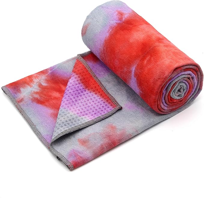 Eunzel Yoga Towel,Hot Yoga Mat Towel with Grip Dots Sweat Absorbent Non-Slip for Hot Yoga, Pilates and Workout 24" x72", Red & Gray
