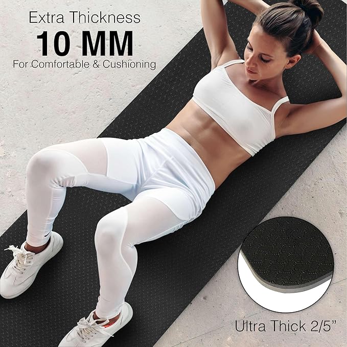 Feetlu Extra Thick Exercise Yoga Mat with Strap - 2/5 Inch (10MM), Non-Slip Workout Mat for Yoga, Pilates, and Floor Exercises
