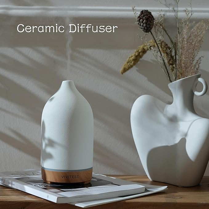 VIVITEST 200ML Ceramic Essential Oil Diffuser,Stone Essential Oil Diffuser,Ultrasonic Aromatherapy Diffusers for Home