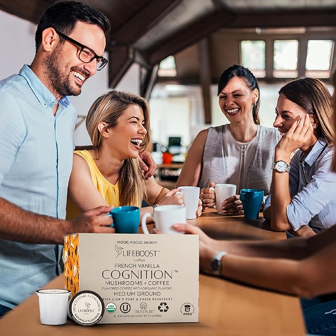 Lifeboost French Vanilla Cognition Mushroom Coffee Pods - Low Acid Organic K-Cups with Lion’s Mane & Chaga Nootropic Mushrooms for Focus, Energy & Immune Support - 10 Count