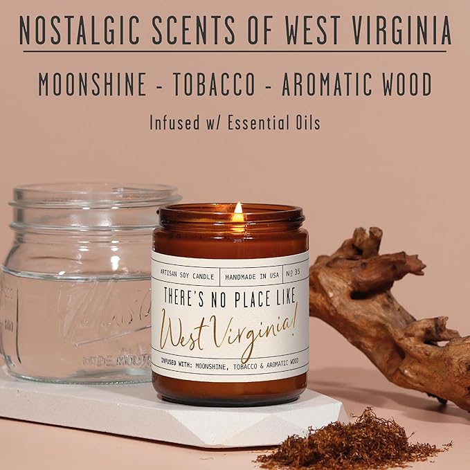 West Virginia Gifts, West Virginia Decor for Home - 'There's No Place Like West Virginia Candle, w/Tobacco, Vanilla & Bourbon I West Virginia Souvenirs State Gifts I 9oz Jar, 50Hr Burn, USA Made