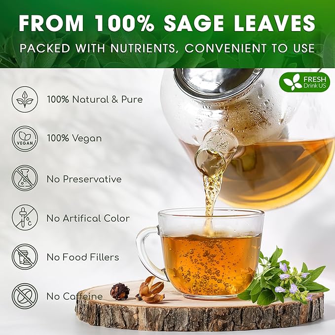 FreshDrinkUS, Premium 15 Sage Leaf Tea Bags, 100% Natural & Pure from Sage Leaves. Loose Leaf Herbal Tea. Made with Natural Material Tea Bags. No Sugar, No Caffeine, No Gluten, Vegan.