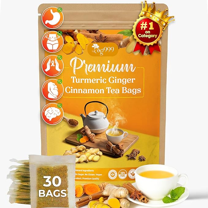 TOG999, 30 Bags Premium Turmeric Ginger Cinnamon Tea, Improve Digestion, Support Brain, Weight, Skin and Sleep, Eco-Conscious Tea Bags and Premium Natural Ingredients. Turmeric Ginger Herbal Tea. No Sugar, No Caffeine, No Gluten, Vegan.