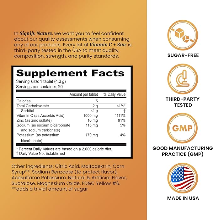 SIGNIFY NATURE Vitamin C 1000mg Effervescent Tablets - Potent Immune Support VIT C with Zinc Supplement - Sugar-Free & Vegan Formula | Dissolvable Vitamin C Tablets - Water Soluble Fizzy Elixir - 20CT