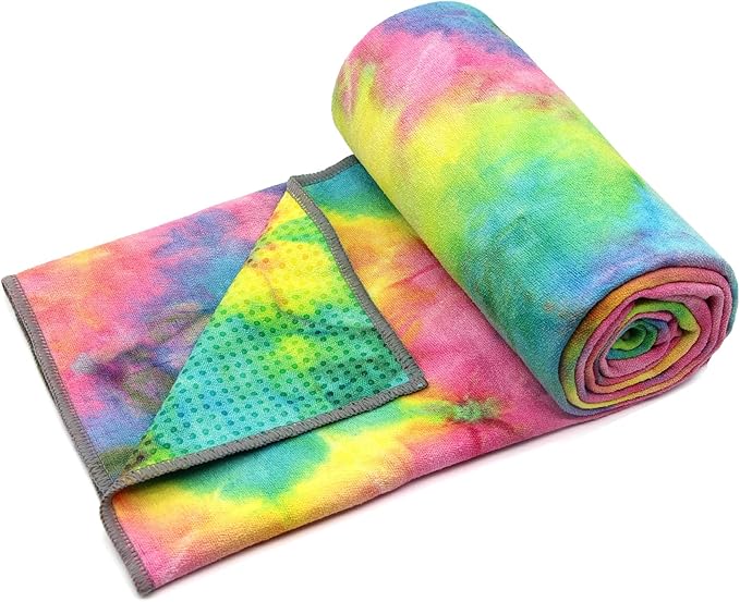 Eunzel Yoga Towel,Hot Yoga Mat Towel with Grip Dots Sweat Absorbent Non-Slip for Hot Yoga, Pilates and Workout 24" x72", Yellow & Blue & Pink