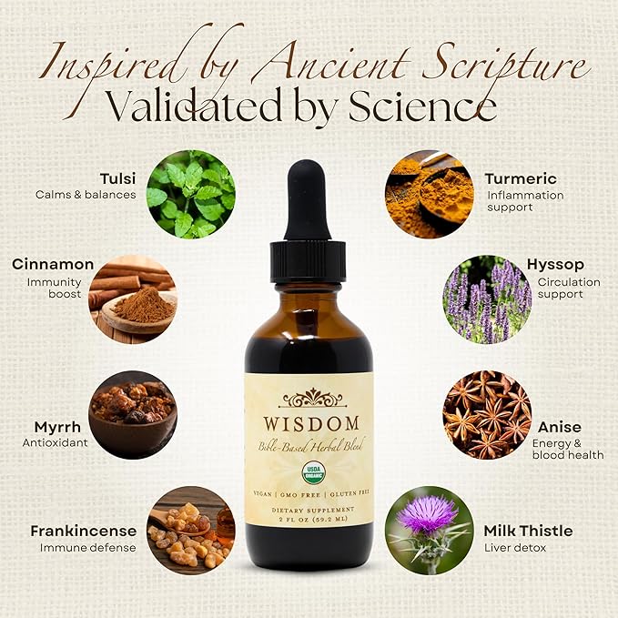 Organic Turmeric, Frankincense and Myrrh – Herbal Supplement Blend for Energy, Detox, Focus, Immunity & Stress – Non-GMO Vegan Tonic with Milk Thistle – Wisdom Bible Based Blend – 2oz Liquid Drops