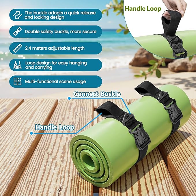 Seaperk Multifunctional Floating Mat Straps with Quick - Release Buckles, Reusable Securing Straps with Hook - Attach Eyelets & Comfortable Carry Loops for Baby Crawling Mat, Yoga, Camping