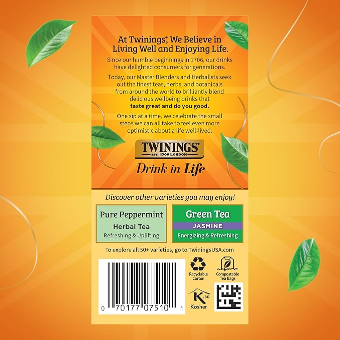 Twinings Lemon & Ginger Herbal Tea Individually Wrapped Bags, 20 Count (Pack of 6), Tangy Lemon, Spicy Ginger, Naturally Caffeine-Free, Enjoy Hot or Iced, 120 Teabags