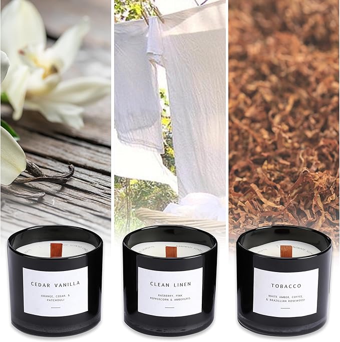Scented Candles for Men – Masculine Candle Gift Set of 3 with Tobacco, Cedar Vanilla & Clean Linen – Luxury Black Candles Gift Box, Birthday Gifts for Men, Candles for Boyfriend, Christmas Gifts